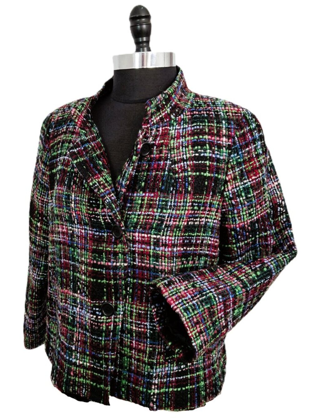 Talbots Sz 14 Petite Nehru Cropped Wool Blend Blazer Multi-Color Textured Tweed